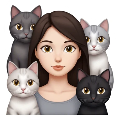 brunette woman with four cat, one is black one is full white the other two is full gray cats sticker