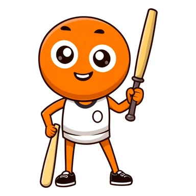 This image shows a cartoonish, anthropomorphic orange character shaped like a rounded rectangle. The character has large, expressive eyes, thick black eyebrows, and a wide, cheerful smile with visible teeth. It has two thin arms and legs, and it’s holding a small baseball bat in its right hand.  sticker