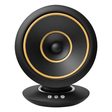 Single simple black desktop speaker, one round white cone with black center, boxy shape, clean white background, product photo. sticker