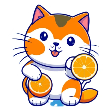 Cartoon orange cat eating an orange fruit that has a cat face on it sticker