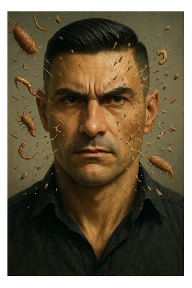 Vertical portrait of a man's face in a realistic style with a determined expression. Parasites shatter against an invisible barrier, evoking an atmosphere of victory and well-being. sticker