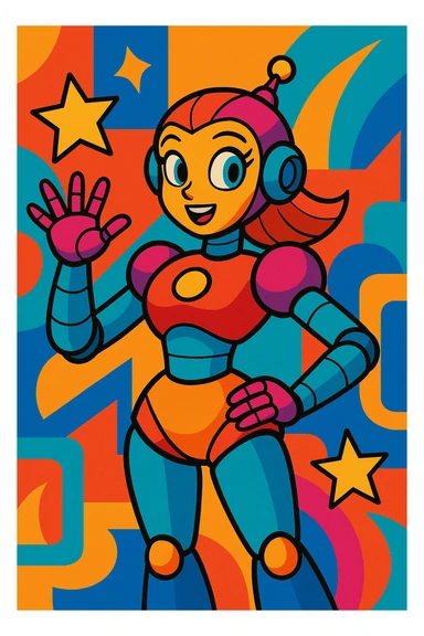 female robot, vibrant toon style, colorful, lively, detailed character illustration sticker