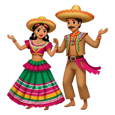 Cinematic Realistic scene of two performers dancing the Jarabe Tapatío, dressed in colorful traditional Mexican costumes with intricate embroidery, captured in energetic, festive motion with vibrant, celebratory lighting sticker