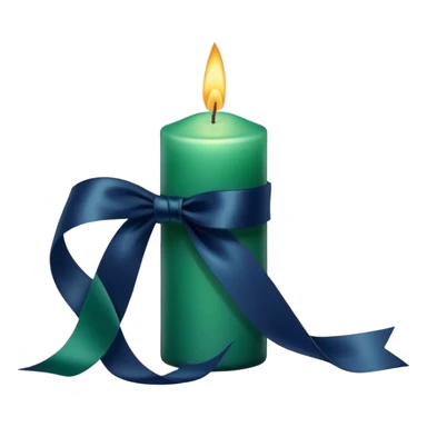 A charmingly arranged composition of a glass candle in a rich emerald shade, placed next to a carefully folded navy blue ribbon. sticker