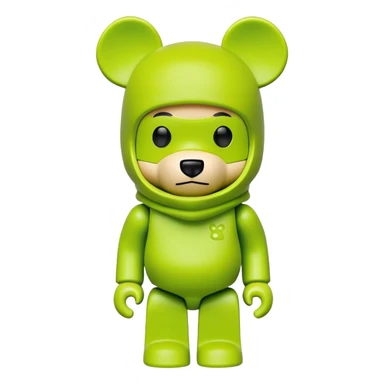 authentic bearbrick collectible figure with squared head and bear features, wearing a bright lime balaclava with defined thick eyebrows, toy design sticker
