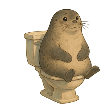 seal sitting on a toilet in ghibli style sticker