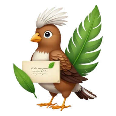 A hyper realistic bird carrying a leaf with a note on it sticker