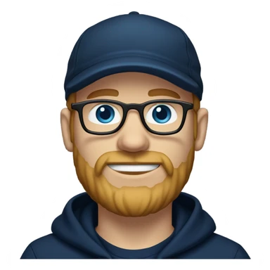 a white dude with blue eyes a brown blonde beard and sideburns and thin frame glasses wearing a black newsboy hat a navy blue pull over hoodie and dark blue t shirt sticker