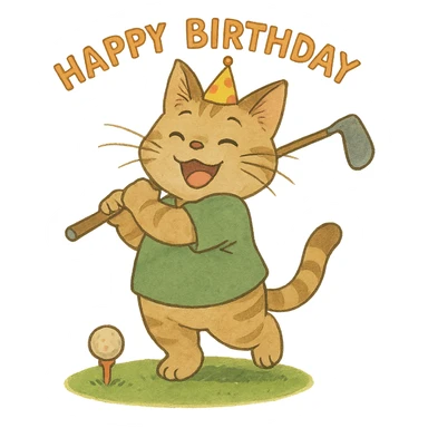 ghibli style happy cat playing golf on his birthday sticker