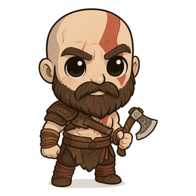 chibi-style Kratos with a tiny axe and big eyes sticker