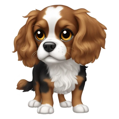 A small Cavalier King Charles Spaniel mix with black, wavy fur, white markings on the chest and muzzle, expressive eyes, and a fluffy tail. sticker