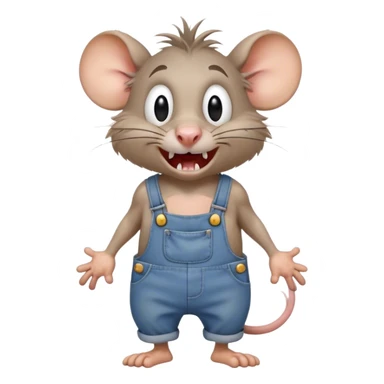 disheveled dizzy cartoon hillbilly rat wearing overalls no shirt. standing and talking full body. human eyes. teeth showing talking. walking talking moving arms. reacting upset sticker