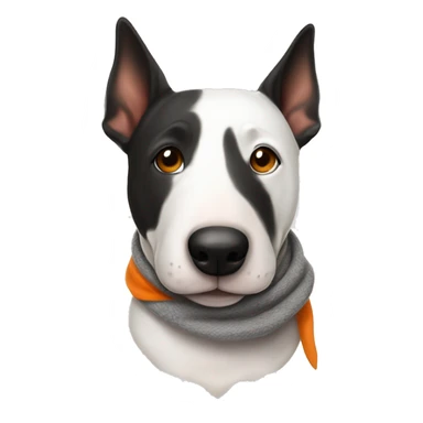 Bullterrier blanca de orejas largas con ojos negros usando una bufanda naranja. sticker
