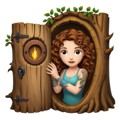 woman with long curly brown hair, brown eyes, white skin, tattoos, opening a tree trunk like a secret door portal sticker
