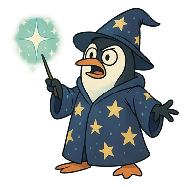 a penguin wizard casting a sparkling spell, starry robe, magical aura, cartoon style sticker