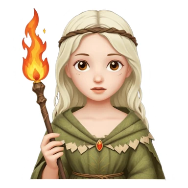 ancient european girl, tattered leaf cloth, hold fire stick sticker