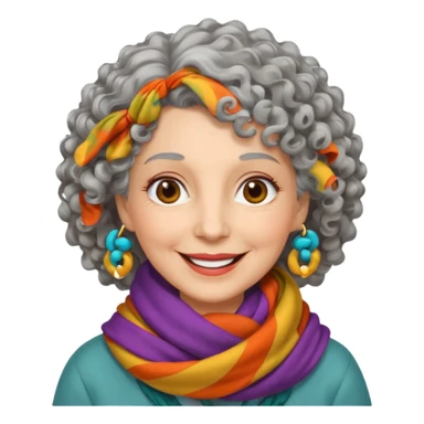 emoji of a lady in her 70s, curly gray hair, wearing a colorful scarf, smiling sticker