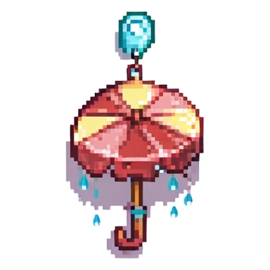 Add accessories including a bow, charm, and raindrop keychain to the burgundy umbrella with raindrops. Keep the pixel art style and no background. sticker