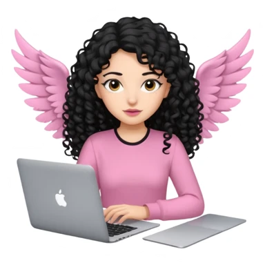 a girl typing mac book air with long black curly hair and brown eyes with winged black eyeliner, pink shirt sticker
