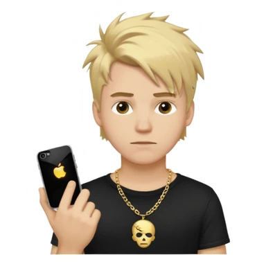 make a iphone emoji who is a white man that looks young with messy blonde medium hair with a black punk shirt and a golden neckless sticker