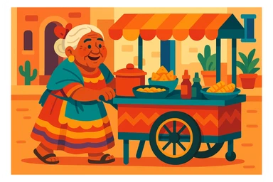 old Mexican lady pushing a food cart, warm and friendly, traditional dress, vibrant colors, street vendor, detailed, no text, vibrant toon cartoon style sticker