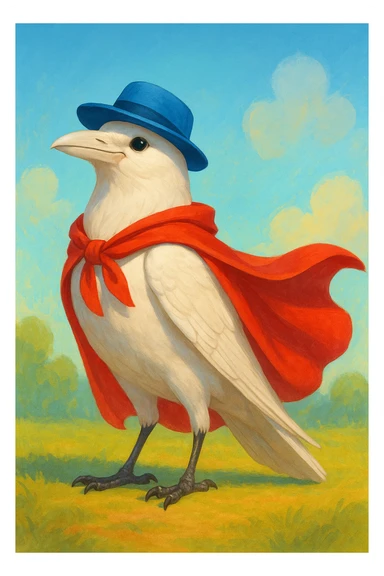 a white crow with a blue hat and a red cape sticker