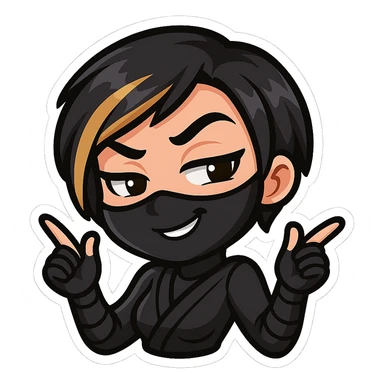 Sexy chibi ninja girl with black short hair and a blonde streak, only head and arms, colorful chibi style with bold outlines, transparent background, no mask, smug expression with a sly grin and one eyebrow raised, sized for Twitch emoji use. sticker