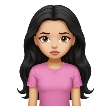 a pretty bratz girl with long wavy black hair, wearing a pink tshirt. looking sad sticker