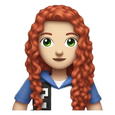 a white girl with long red curly hair, wearing periwinkle Minecraft hoodie holding a controller sticker
