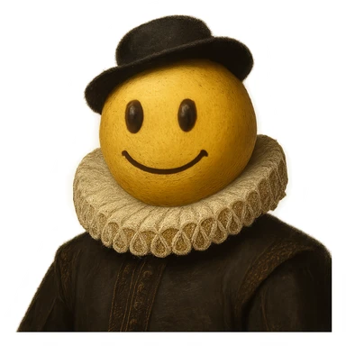 a smiley face as a medieval English gentleman, with a ruffled collar, small hat, and dignified expression, detailed, elegant sticker