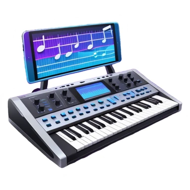 Create a professional and artistic emoji that represents sound design. The design should feature essential sound design equipment, including a high-end Korg synthesizer, a sound mixing console with visible wires, large studio speakers, and a microphone. Surround the equipment with flowing, abstract sound waves and musical notes to symbolize the fluid, creative nature of sound design. Add subtle effects like glowing sound frequencies or swirling patterns to represent the dynamic manipulation of sound. Use sleek, modern colors like black, silver, neon blue, and purple to evoke a sense of innovation and artistic exploration. The background should be transparent. sticker