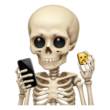 a sad human skeleton holding a mobile phone, emoji style sticker