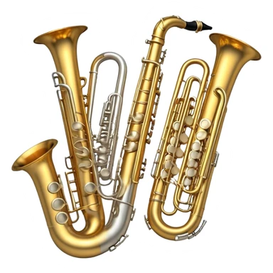 Create a professional and elegant emoji collage symbolizing wind instruments, using a combination of copper, white metal, and black wood. The design should feature iconic instruments like a trumpet, saxophone, tube, oboe, and horn. Each instrument should be represented with its key elements clearly visible.
Each instrument should be designed with realistic textures, including the gleam of metal and the deep, rich tone of black wood. Arrange the instruments in a balanced and harmonious way, making sure the elements are easily recognizable. Use metallic gold, silver, and copper tones with black wood accents. The background should be transparent to highlight the instruments. sticker
