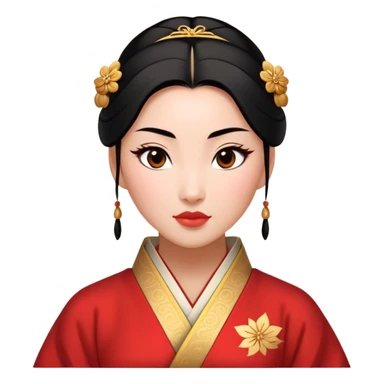 Cinematic Realistic Noble Mulan Portrait, depicted with lifelike, warm light-toned skin that reveals subtle texture and natural shadows. Her sleek black hair is intricately styled into a traditional bun with every strand rendered in exquisite detail, and her almond-shaped eyes, full of quiet resolve, are softly illuminated. She wears a meticulously detailed traditional robe with delicate red and gold accents, its rich fabric textures and gentle folds catching the light beautifully. The portrait radiates a natural, enchanting glow, capturing Mulan’s inner strength and timeless grace in a realistically painterly style. sticker