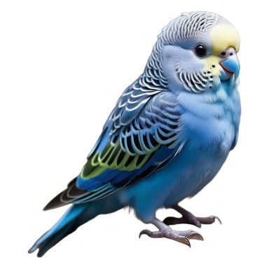 Cinematic Noble Blue Budgie Portrait Emoji, Poised and regal, with a petite, delicate build and a smooth, well-groomed fur of vibrant blue feathers, deep-set soulful dark eyes, Simplified yet sharp and sophisticated features, highly detailed, glowing with a soft, dignified glow, high shine, intelligent and charming, stylized with an air of elegance, focused and attentive, soft glowing outline, capturing the essence of a watchful and confident avian companion, so majestic it feels as though it could flutter out of the screen with effortless authority! sticker