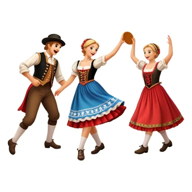 Cinematic Realistic Schuhplattler Dance Emoji, depicted as a lively traditional folk dance scene with performers in authentic Bavarian costumes, rendered with dynamic textures and festive natural lighting that captures the spirit of rural celebration. sticker