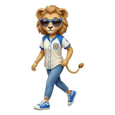 friendly anthropomorphised female lion wearing a baseball shirt, jeans, trainers, dark sunglasses, walking upright with a confident stride sticker