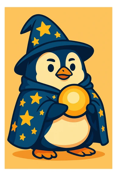a chubby penguin in wizard attire, with a starry cloak and a glowing orb, looking wise and mystical sticker