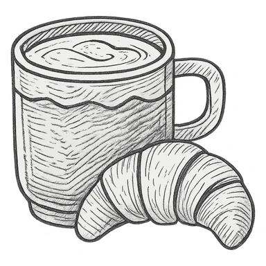 Make the matcha latte and croissant more detailed, add intricate linework and texture, keep the hand drawn outlined style. sticker