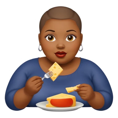 Black fat woman with buzz cut eating cheese sticker