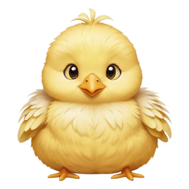 Cinematic round fluffy chick, golden yellow, tiny beak and feet, soft downy feathers, sparkling gentle eyes, sitting on a pastel-colored cushion, radiating warmth and sweetness. sticker