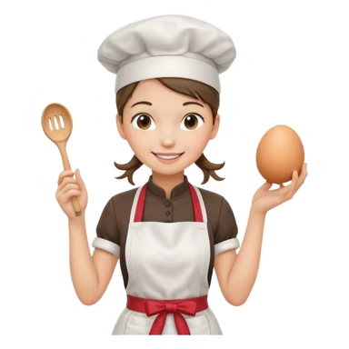 Young female pastry chef - ponytail, apron, wearing a white hat, holding an egg beater in her right hand, and naturally hanging her left hand to her side sticker