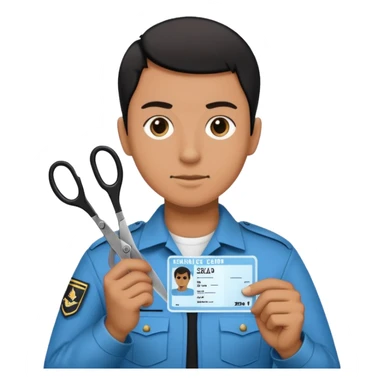 Floating black Scissors cutting a light blue military ID card in 2 parts .hyper realistic sticker