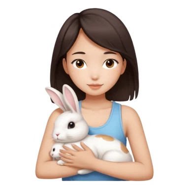 A young Asian woman with dark brown, almost Asian girl with dark brown hair, brown eyes, light Asian skin, add soft makeup and dress in tank top and hugging a one white rabbit with light brown spots, soft and warm atmosphere.
  sticker