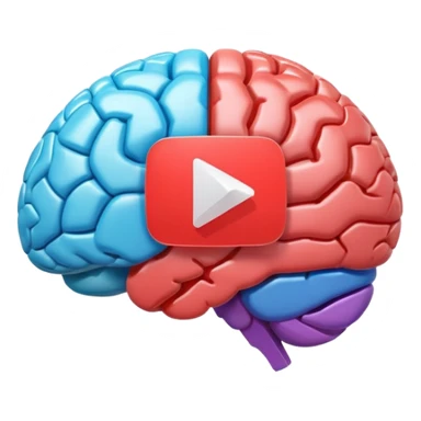 3D icon design, brain with YouTube play button symbol integrated into brain structure, glassmorphism style, soft shadows, gradient colors, modern app icon aesthetic, isometric view sticker