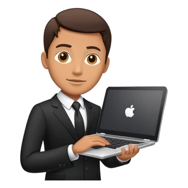 Businessman in a black business suit holding a laptop with PrimeCopy written on it sticker