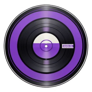 black pixel art vinyl record with a purple and white striped middle label, pixel art sticker