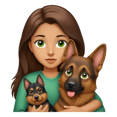 girl with long brown hair and green eyes holding a german shepherd  sticker