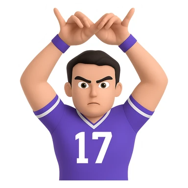 Edit the image to change the hand pose: palms facing inward, fingers spread and bent, crossing above knuckles, thumbs crossed and pointing up like horns. Keep the intense expression, short dark hair, sporty jersey, and flexed arms. Maintain the emoji style look with a transparent background. sticker