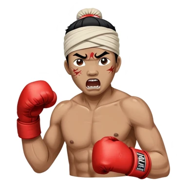 A traditional Lethwei fighter with wrapped bare fists and a traditional Burmese headband (gaung baung), shouting with fierce intensity, blood mark on glove, gritty and raw appearance, Burmese boxing sticker